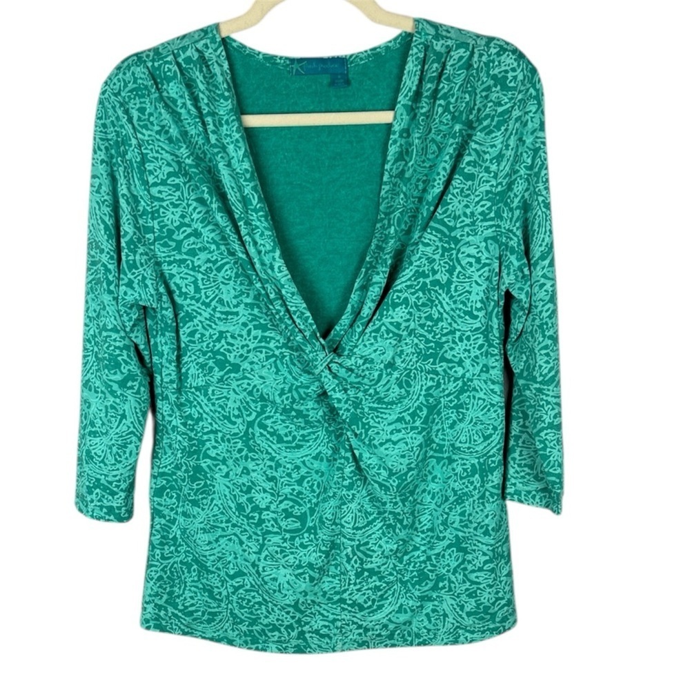 Fresh Produce Turquoise Patterned Wrap 3/4 Sleeve Blouse Size Medium
